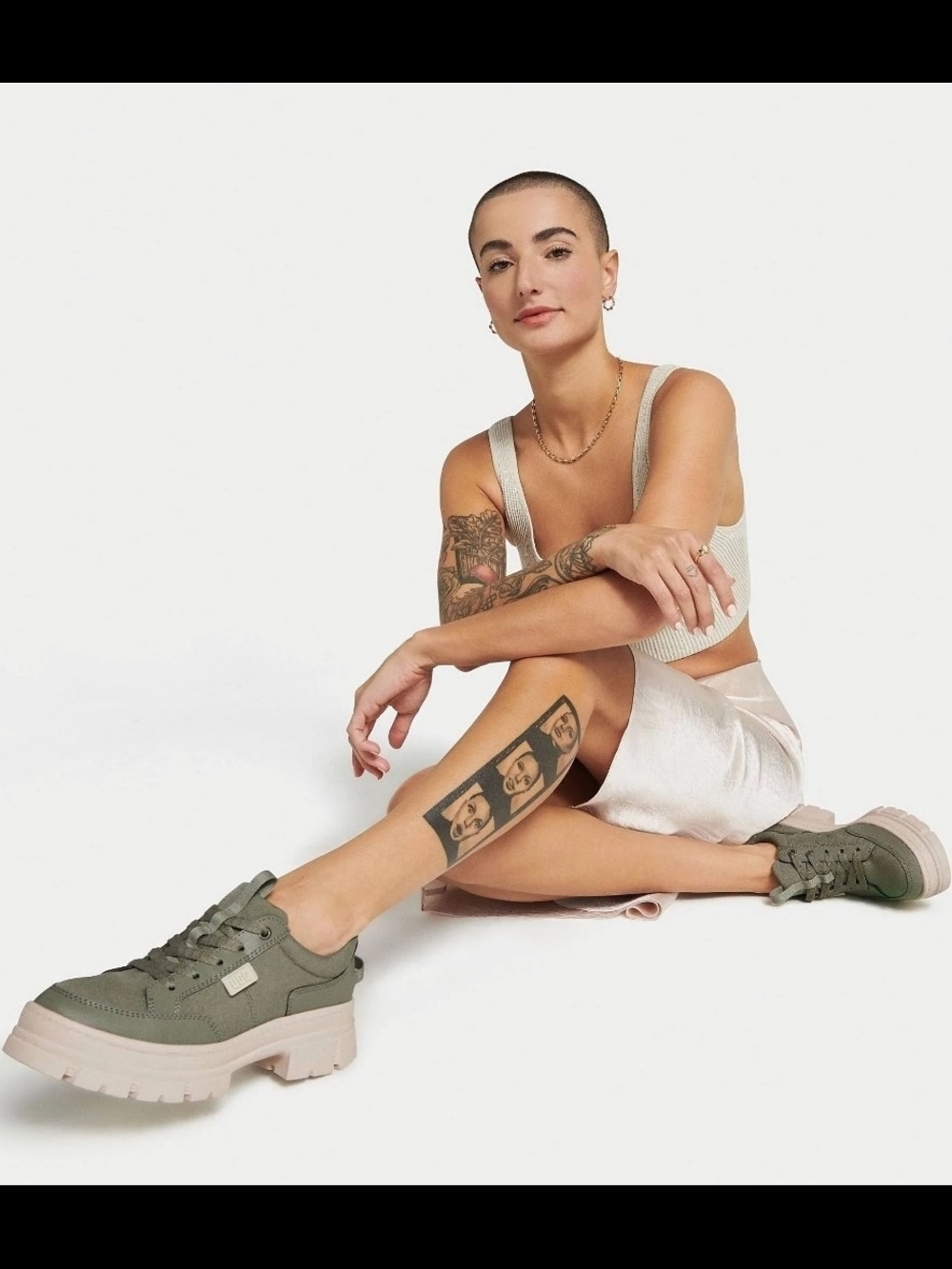 UGG Olive Green Platform Lace-Up Sneakers with Contrasting Cream Sole